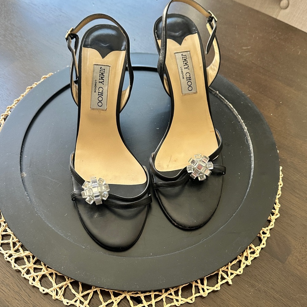 Jimmy Choo Black Heels with Disco ball Crystal Embellishment 3” heel.